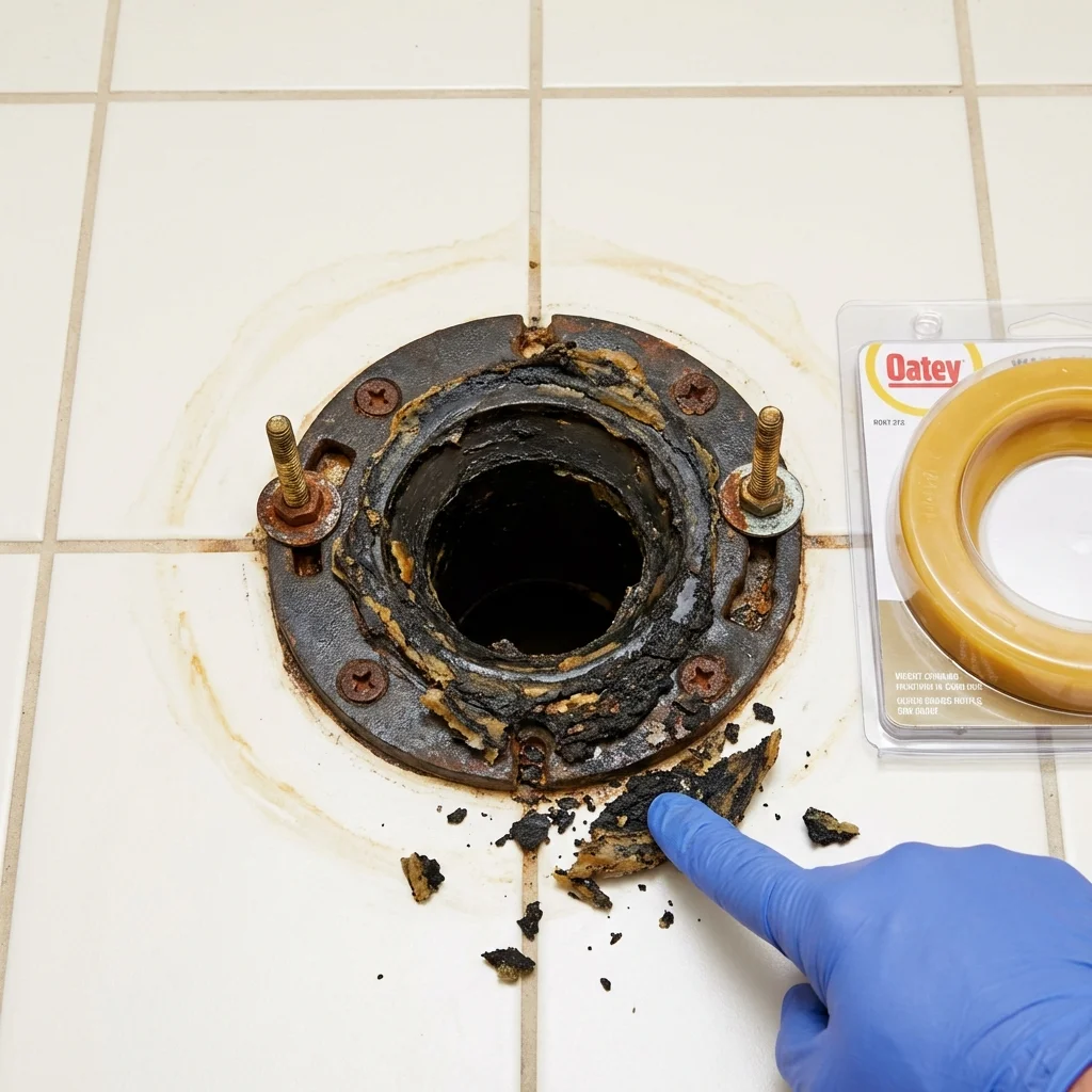 Failed wax ring showing water seepage at the base of a toilet in a Bloomfield, NM home
