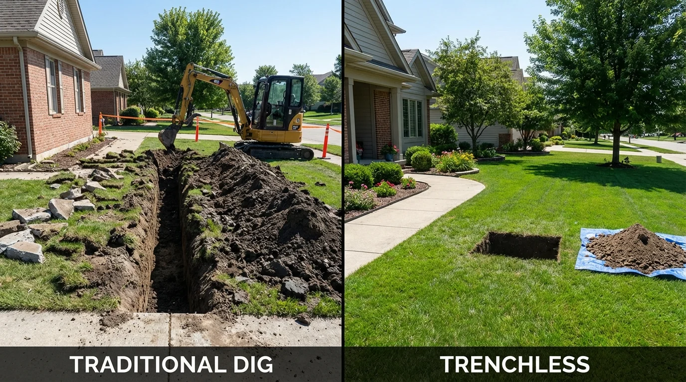 Trenchless sewer repair with minimal yard damage versus traditional excavation in Bloomfield, NM