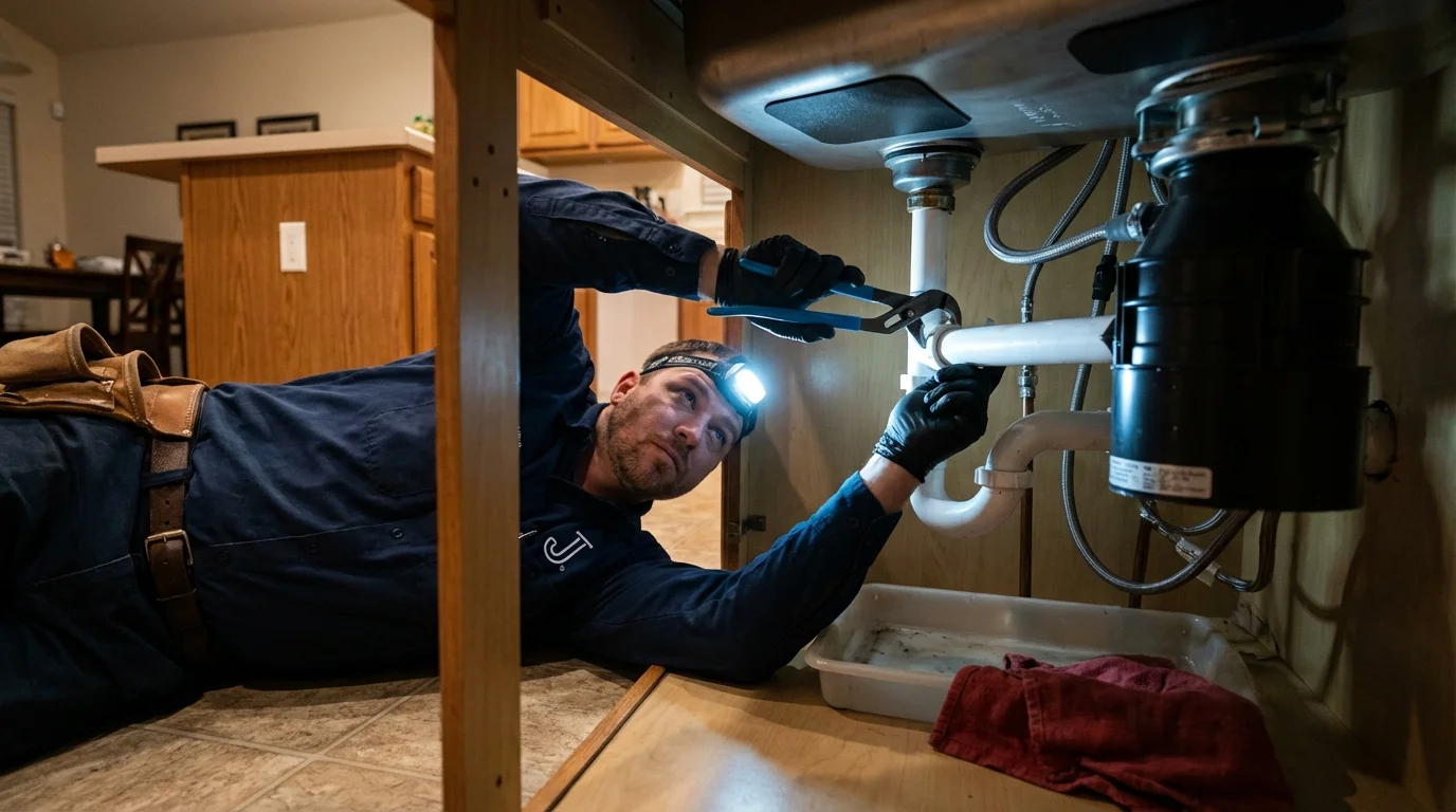 P-trap and supply line connections under a kitchen sink showing a common leak point in Bloomfield, NM